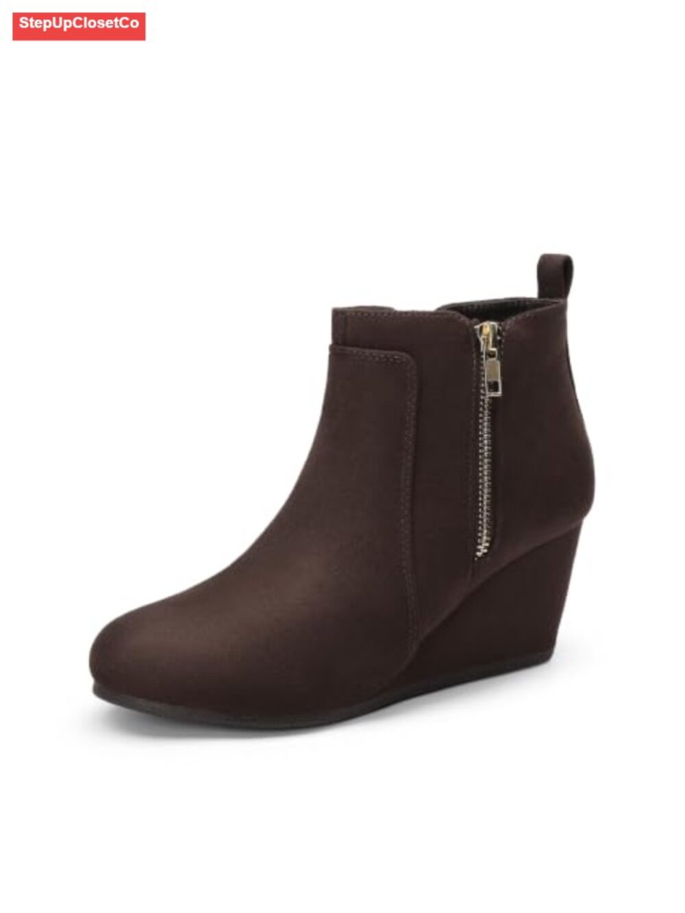 Women's Suede Low Wedge Ankle Booties Side Zip Textile Lined Comfort